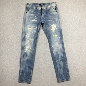 Replay Anbass Jeans Mens 30x32 Blue Slim Fit CRAZY WASH Distressed Thrashed M914